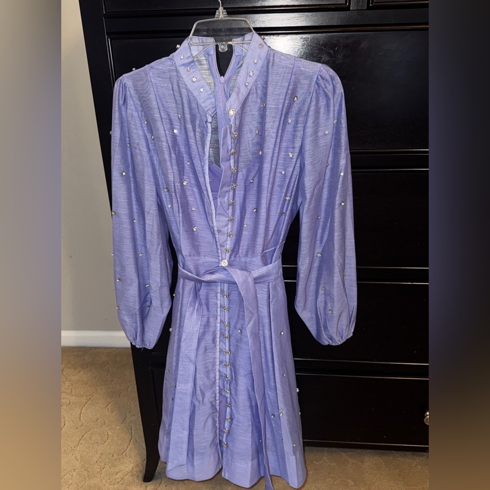 Bella Barnett Purple Embellished Button Down Long Sleeve NWT Belted Dress Size L - Picture 9 of 9